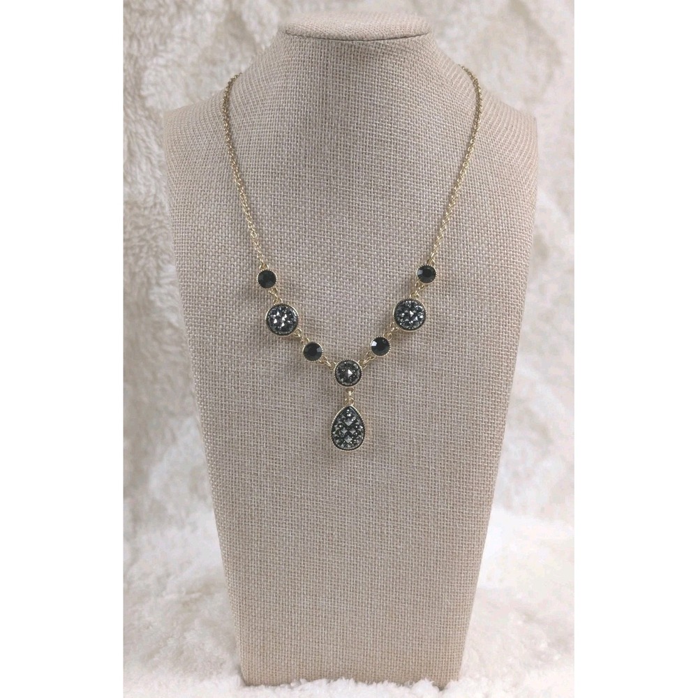 Liz Claiborne Necklace Black Crystal Drop Gold Tone Statement Pendant